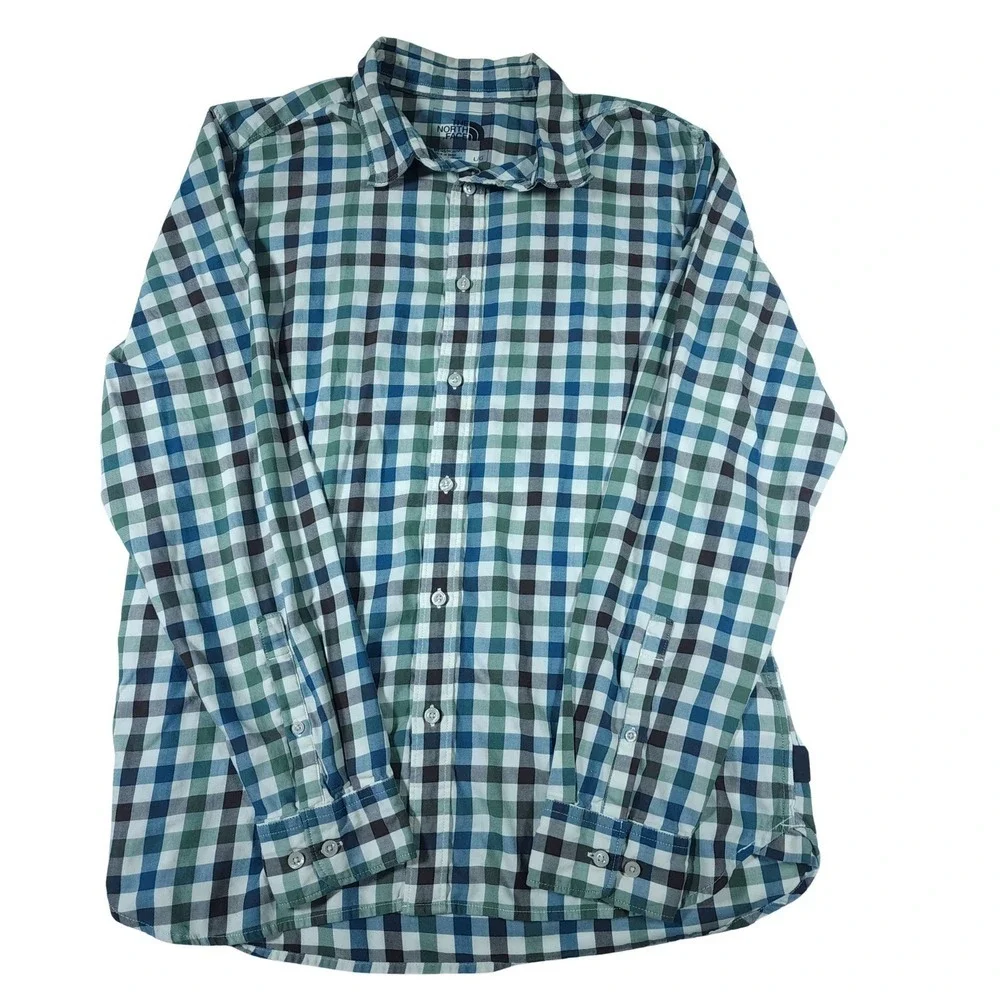The North Face Mens Long Sleeve Gingham Button Up Shirt Large L Blue Green Brown